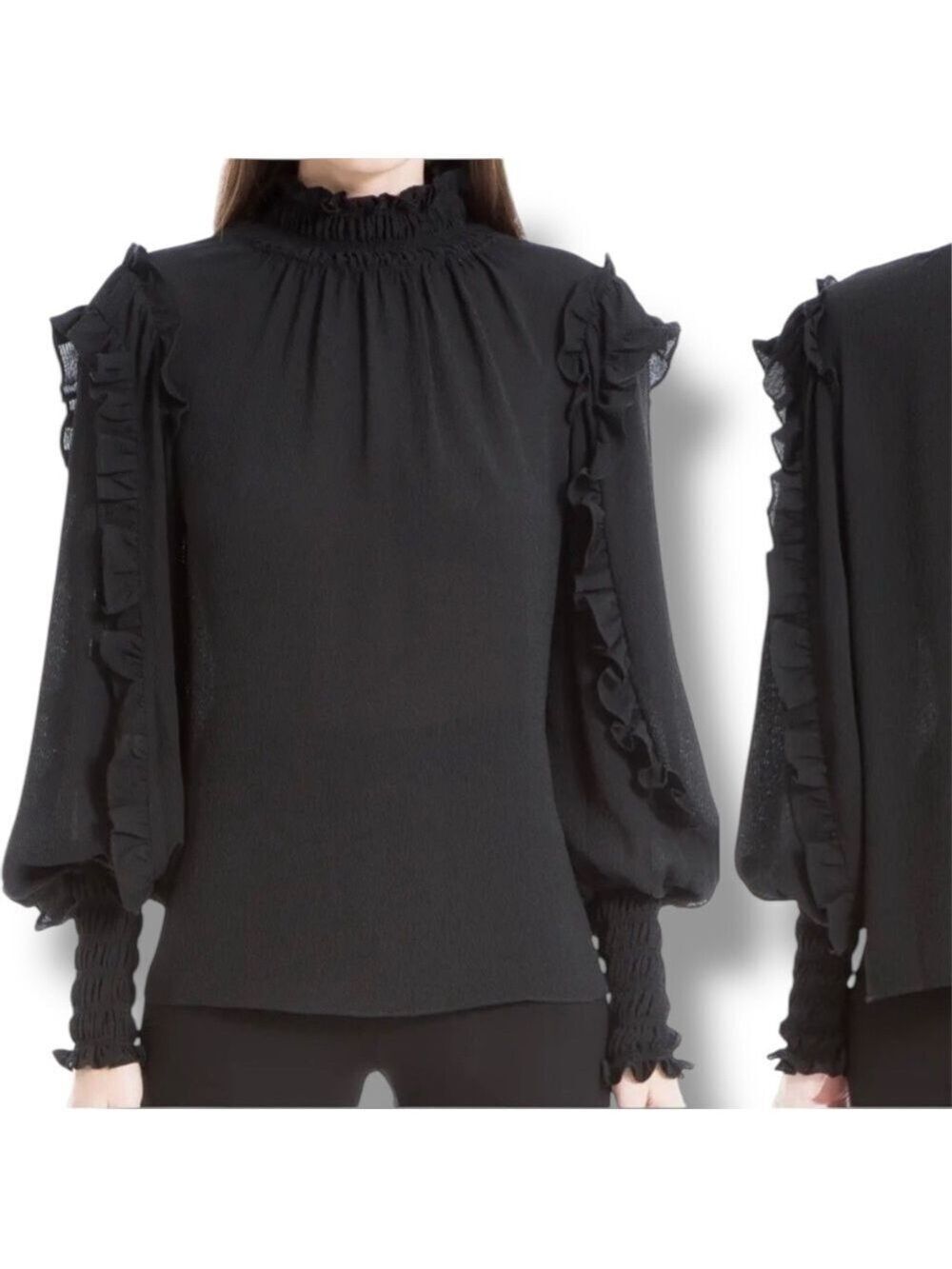 NWT Max Studio Black Ruffle Mockneck Blouson Sleeve Top - Size Small